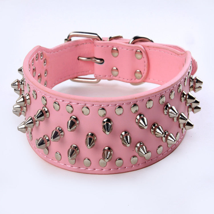 Zinc alloy studs on PU leather dog collar close-up