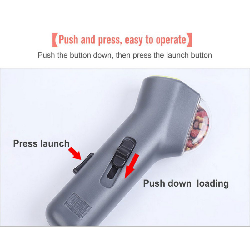 Dog catching treat from launcher toy