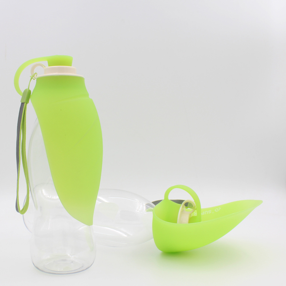 Dog drinking from portable water bottle on a walk